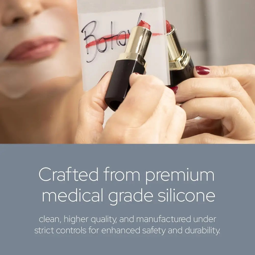 Lipstick being applied to a Silicone face mask for lip and smile wrinkle treatment