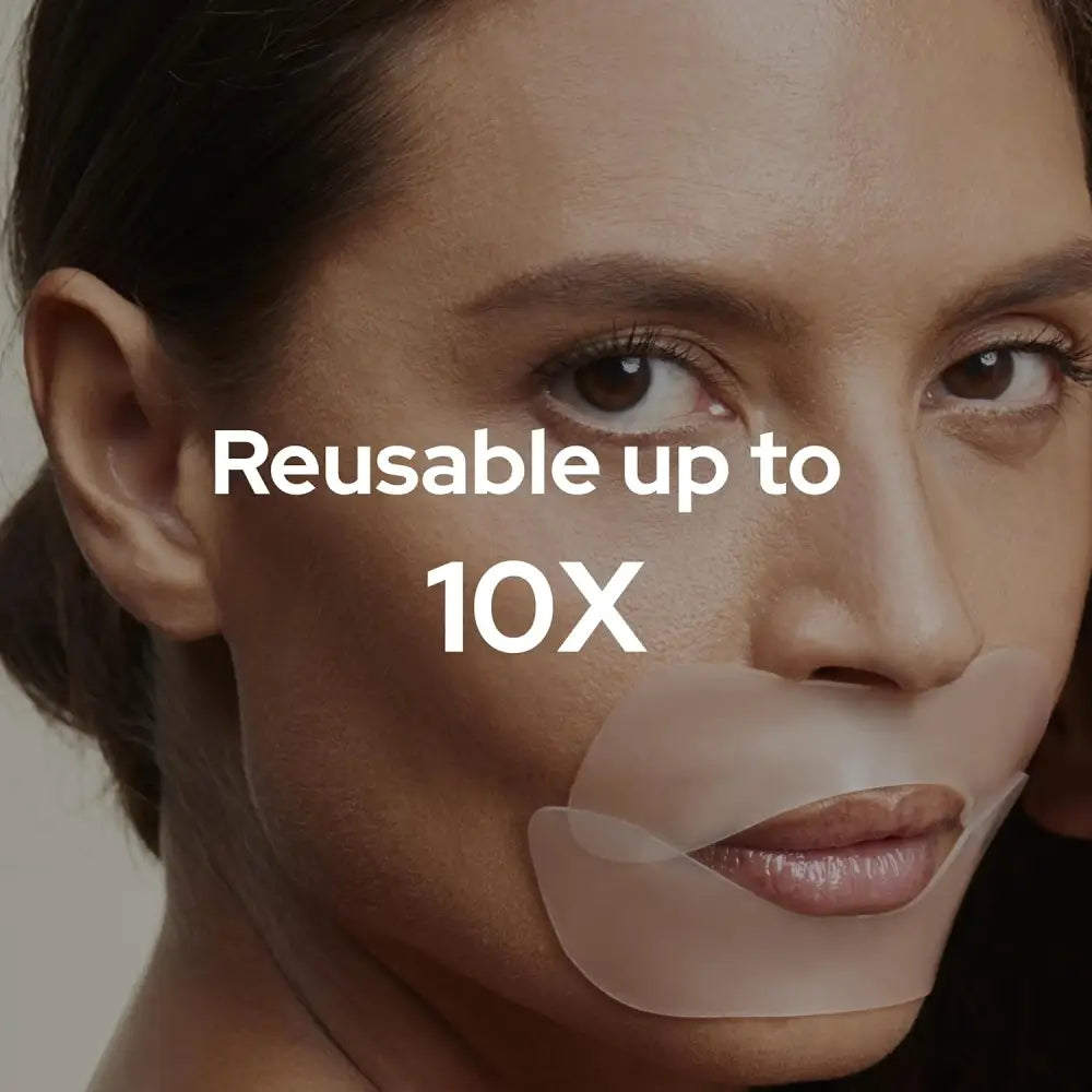 Woman wearing reusable face mask for skin & lip wrinkle treatment with SiO Beauty patches