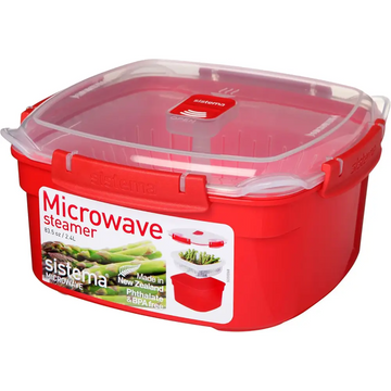 Red Sistema Microwave Steamer with removable steamer basket and steam release vent