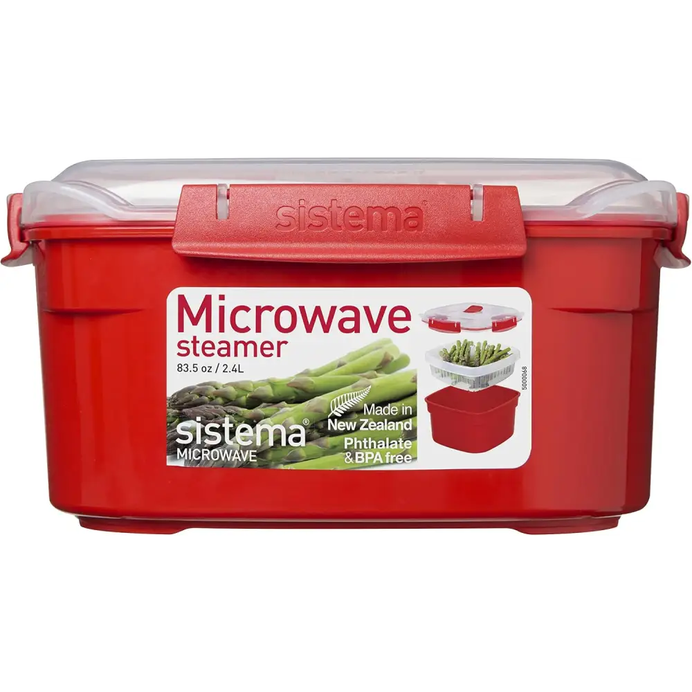 Red Sistema Microwave Steamer with removable steamer basket and steam release vent