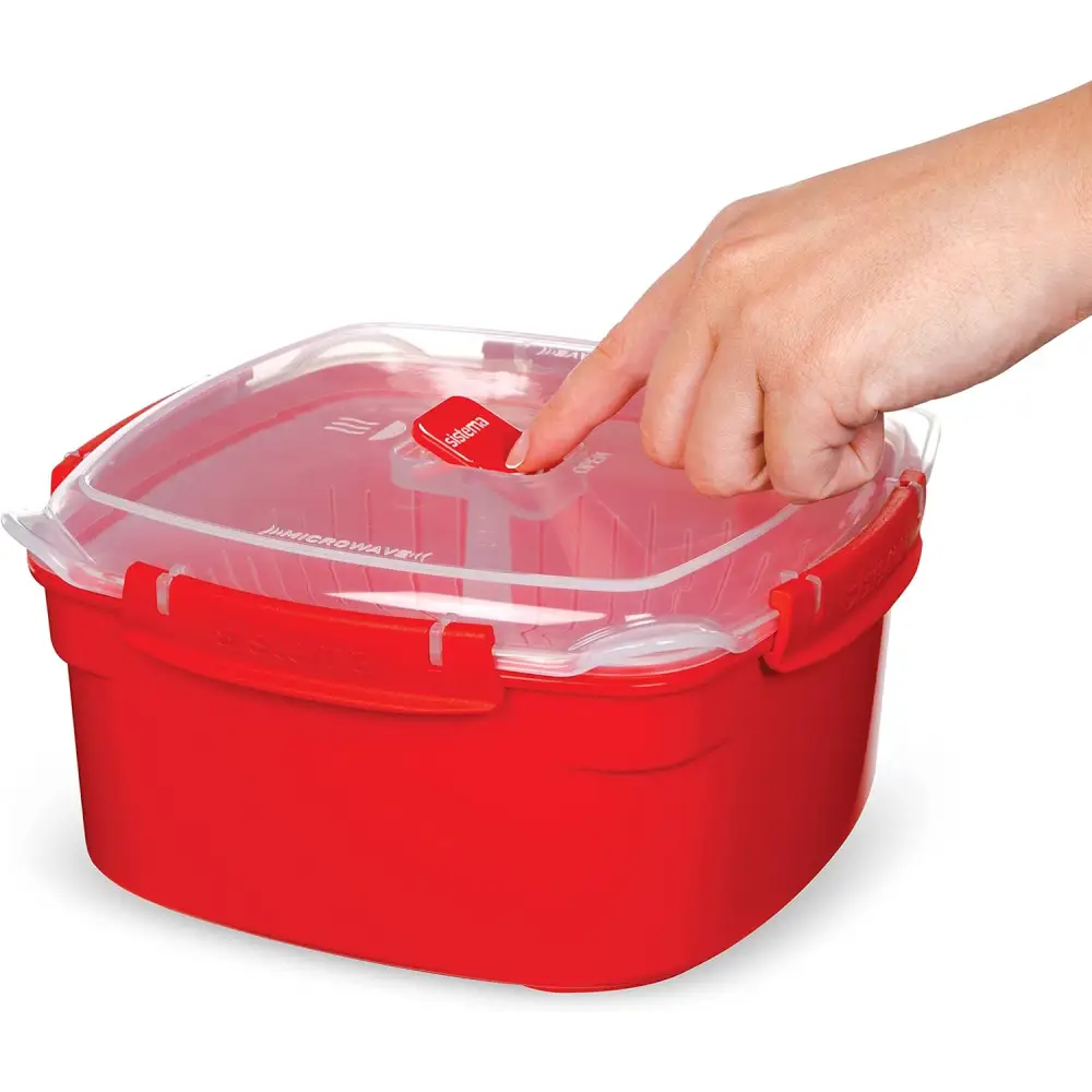 Red Sistema Microwave Steamer with removable steamer basket and steam release vent