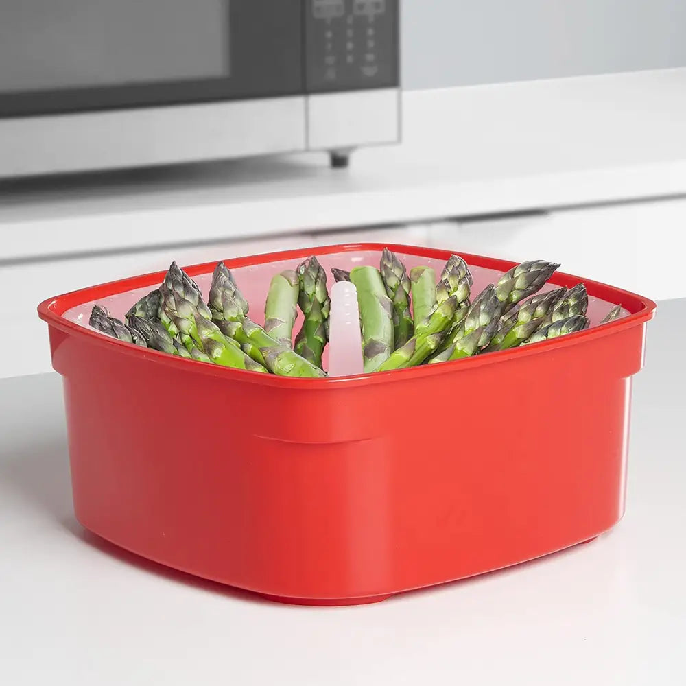 Red Asparagus in Sistema Microwave Steamer with Removable Steamer Basket and Steam Release Vent