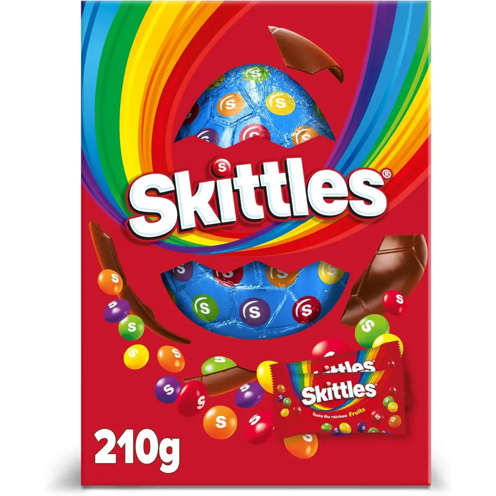 Skittles Large Egg featuring vibrant Skittles Easter egg box with hollow milk chocolate