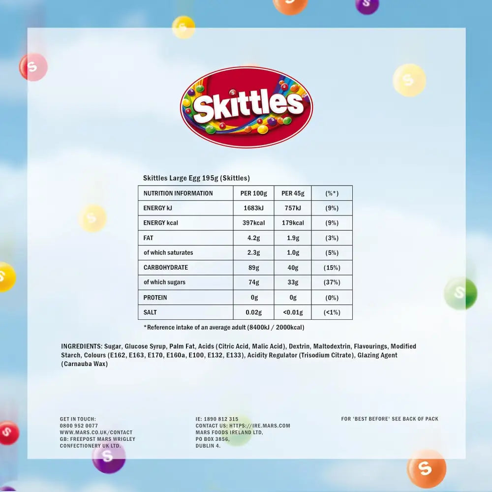 Nutrition information for Skittles Large Egg with hollow milk chocolate exterior