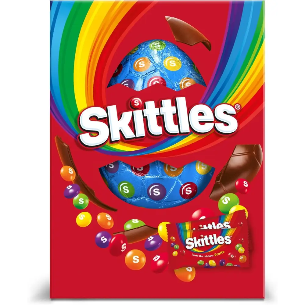 Skittles Large Egg featuring a colorful Skittles Easter egg box and hollow milk chocolate