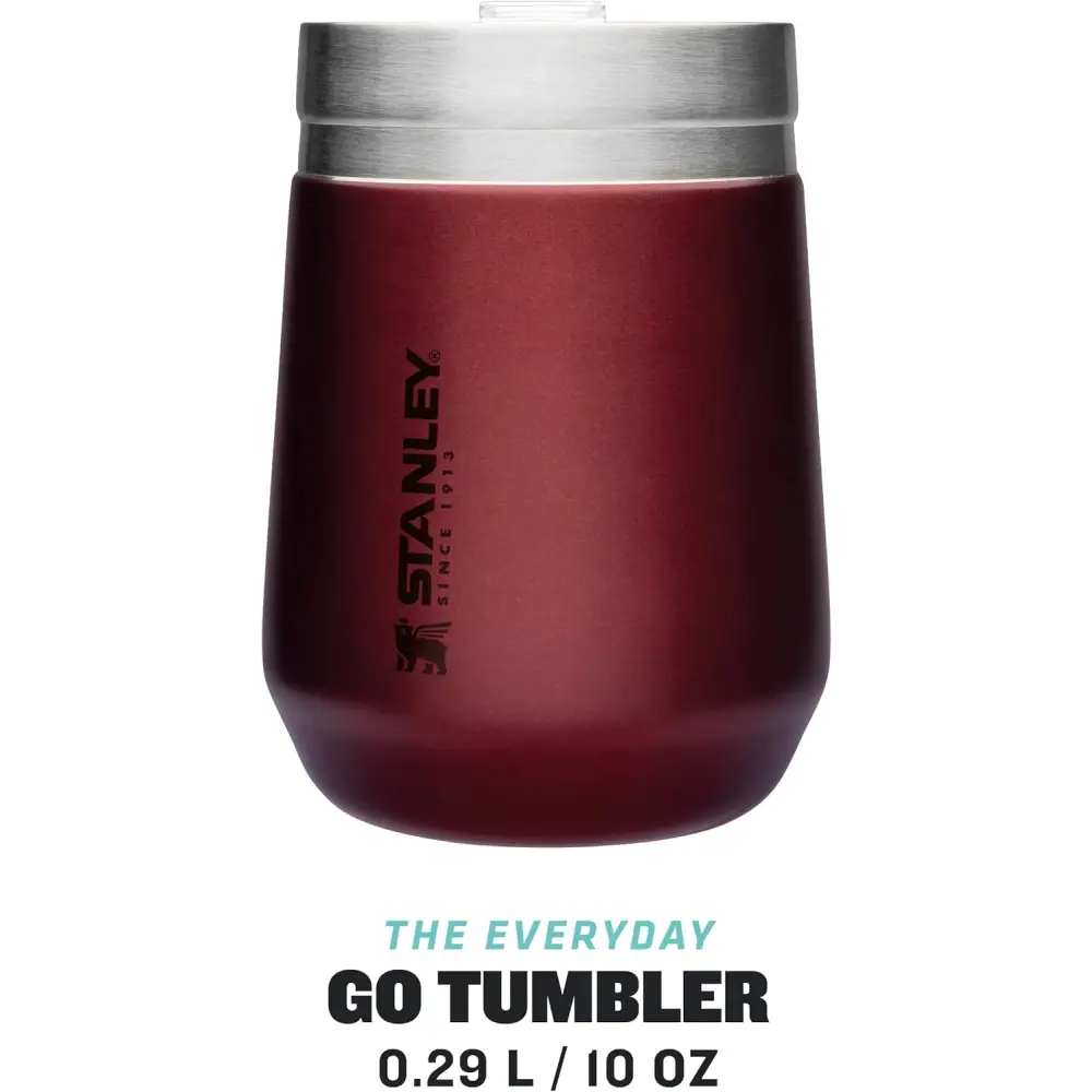 Maroon and silver Stanley Go Everyday Tumbler, a dishwasher safe stainless steel travel mug