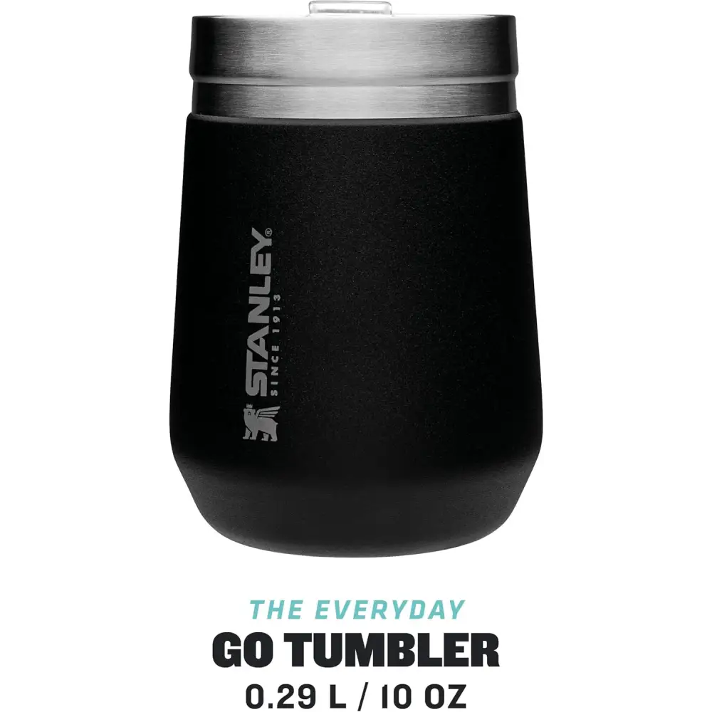 Black and silver Stanley Go Everyday Tumbler, a dishwasher safe stainless steel travel mug