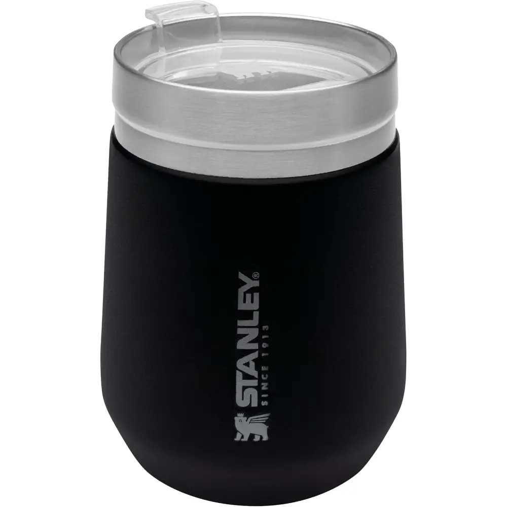 Black Stanley insulated tumbler with lid, a stainless steel travel mug that’s dishwasher safe