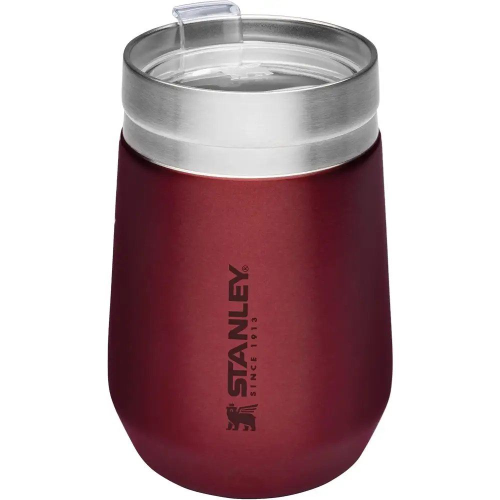 Maroon Stanley stainless steel travel mug with lid, dishwasher safe tumbler for drinks