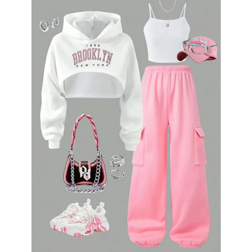 Streecool Kids Tween Girls 3Pcs Set Thermal Lined Knit Top With Letter Print Camisole And Cargo Pants Comfortable