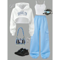 Streecool Kids Tween Girls 3Pcs Set Thermal Lined Knit Top With Letter Print Camisole And Cargo Pants Comfortable