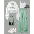 Streecool Kids Tween Girls 3Pcs Set Thermal Lined Knit Top With Letter Print Camisole And Cargo Pants Comfortable