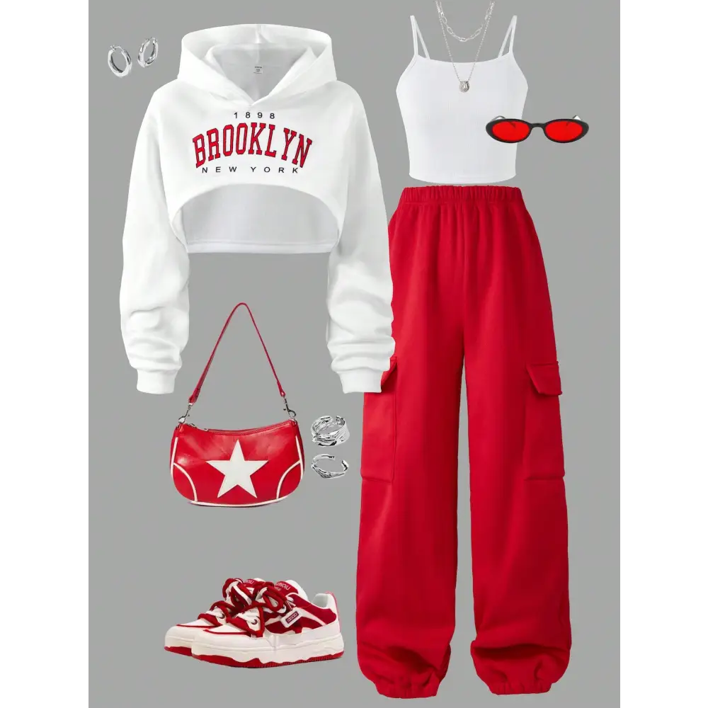 Streecool Kids Tween Girls 3Pcs Set Thermal Lined Knit Top With Letter Print Camisole And Cargo Pants Comfortable