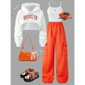 Streecool Kids Tween Girls 3Pcs Set Thermal Lined Knit Top With Letter Print Camisole And Cargo Pants Comfortable