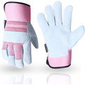 Pink and white thorn proof work gloves for women, featuring heavy duty leather palms