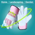 Pink and white thorn proof work gloves made of heavy duty leather for gardening tasks