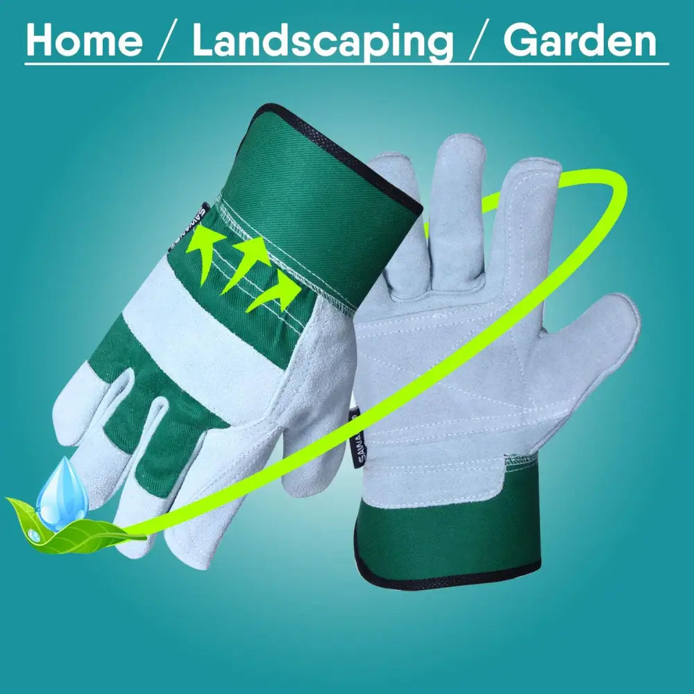 Green and white heavy duty leather gloves, perfect as thorn proof work gloves for gardening