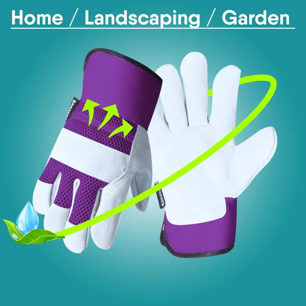 Purple and white leather palm gloves, thorn proof work gloves for gardening safety