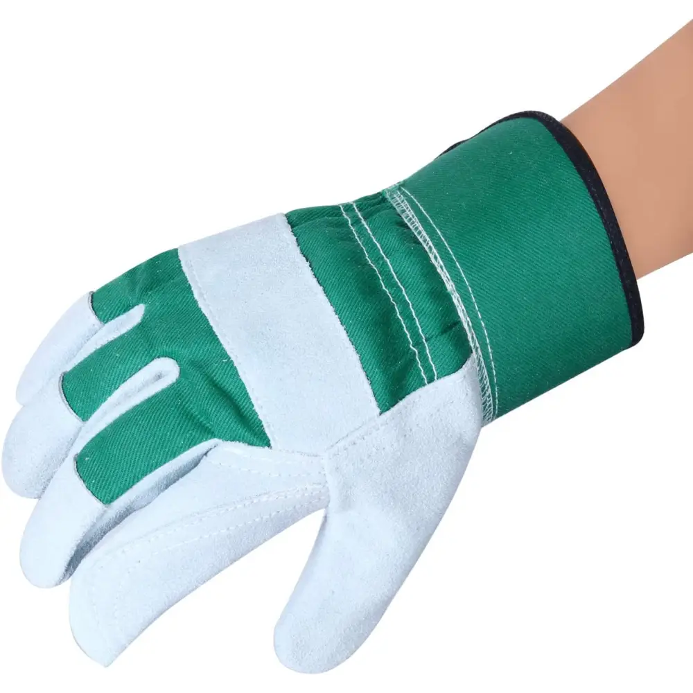 Green and white thorn proof work gloves for gardening, featuring heavy duty leather palm