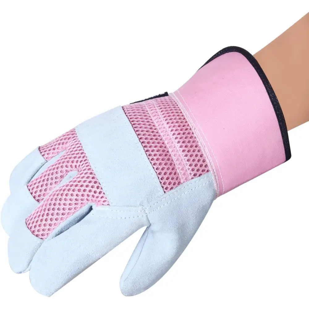 Pink and white thorn proof work gloves featuring a leather palm for durable gardening use