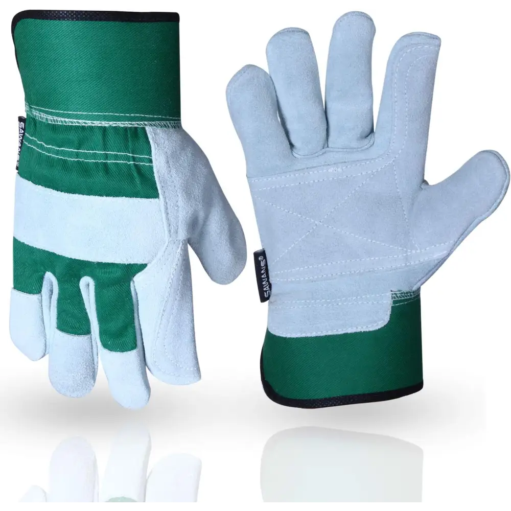 Green and white Thorn Proof Work Gloves, Heavy Duty Leather Gloves for gardening and utility