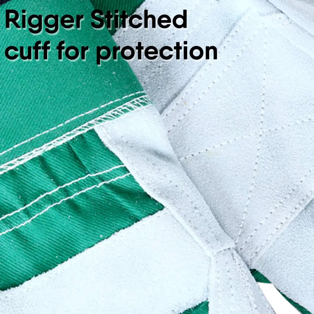 Green and white stitched cuff of Thorn Proof Work Gloves for durable hand protection