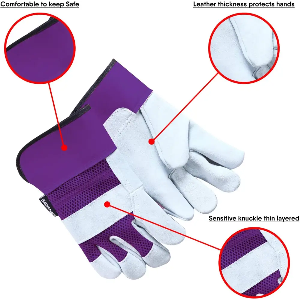 Purple and white thorn proof work gloves, heavy duty leather gloves for gardening safety