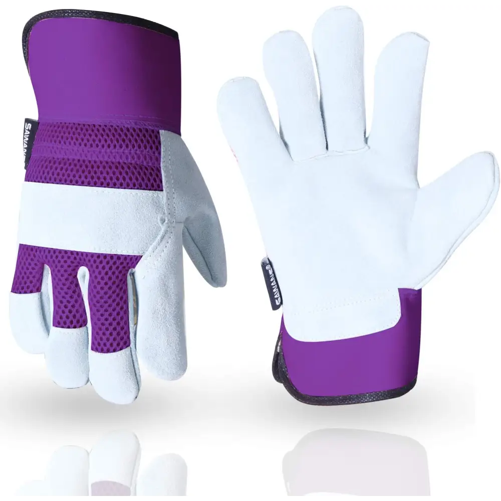 Pair of purple and white Thorn Proof Work Gloves, durable heavy duty leather gloves