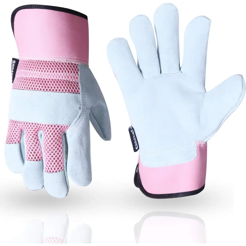 Pink and white thorn proof work gloves, heavy duty leather gloves with durable protection