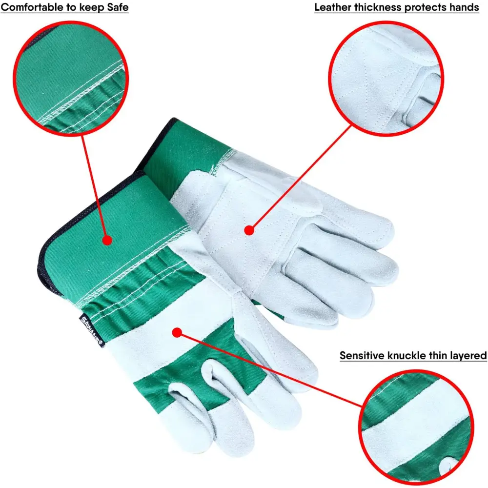 Green and white leather palm gloves, thorn proof work gloves for heavy duty gardening