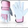 Pink and white thorn proof work gloves for women, featuring heavy duty leather palms