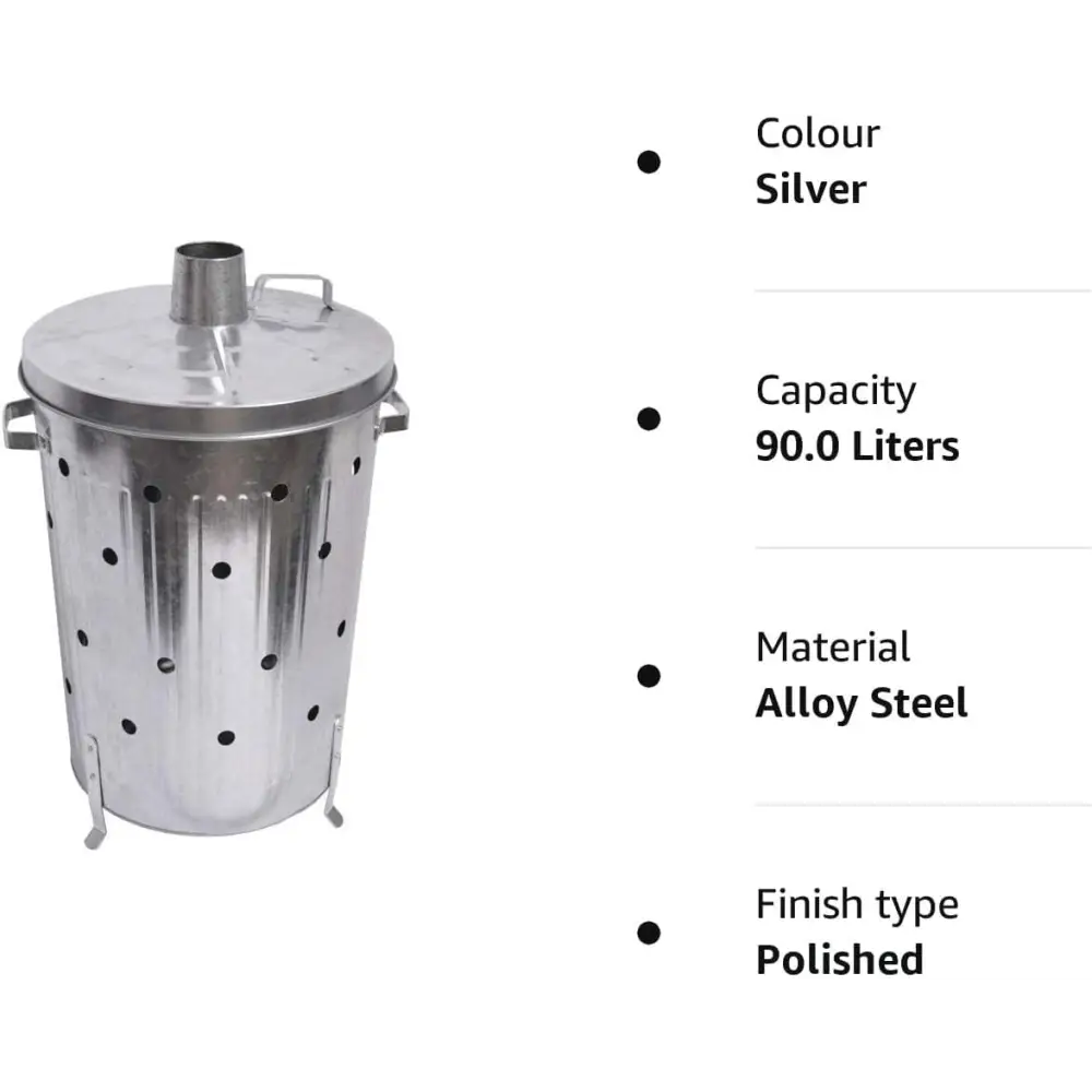 Galvanised Metal Incinerator Bin with Lid for Extra Large 90L Garden Waste Disposal