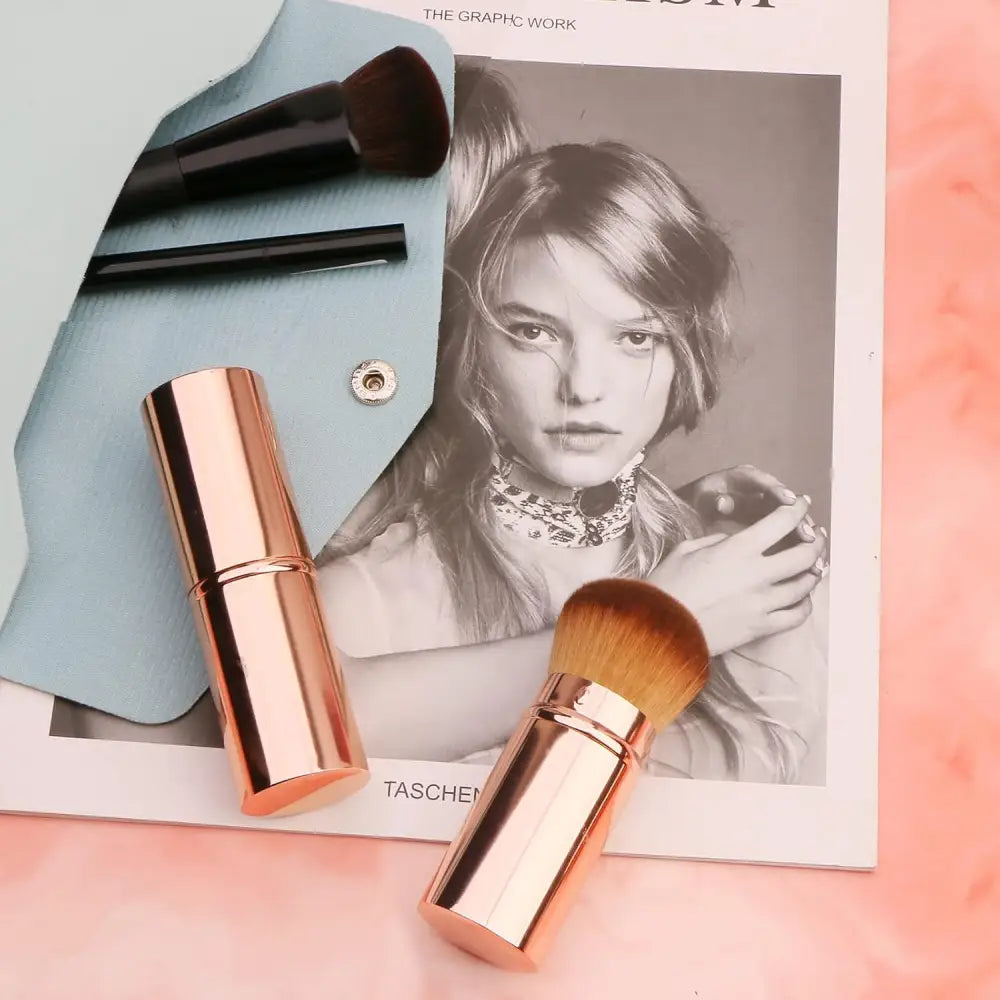 Rose gold makeup brushes, including Unimeix Retractable Kabuki Brush for flawless application