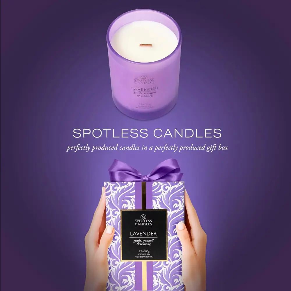 Lavender-scented candle and gift box featuring a vanilla scented candle in cream frosted glass