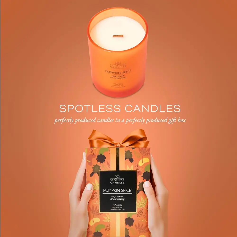 Pumpkin spice candle gift set featuring a vanilla scented candle in cream frosted glass