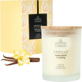 Vanilla scented candle in cream frosted glass jar with wooden lid and crackling wick