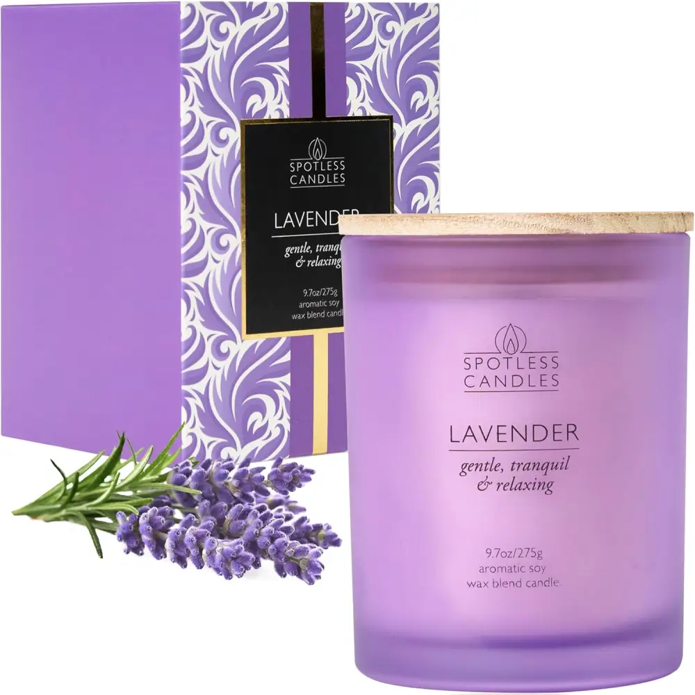 Lavender scented candle with cream frosted glass jar and wooden crackling wick packaging