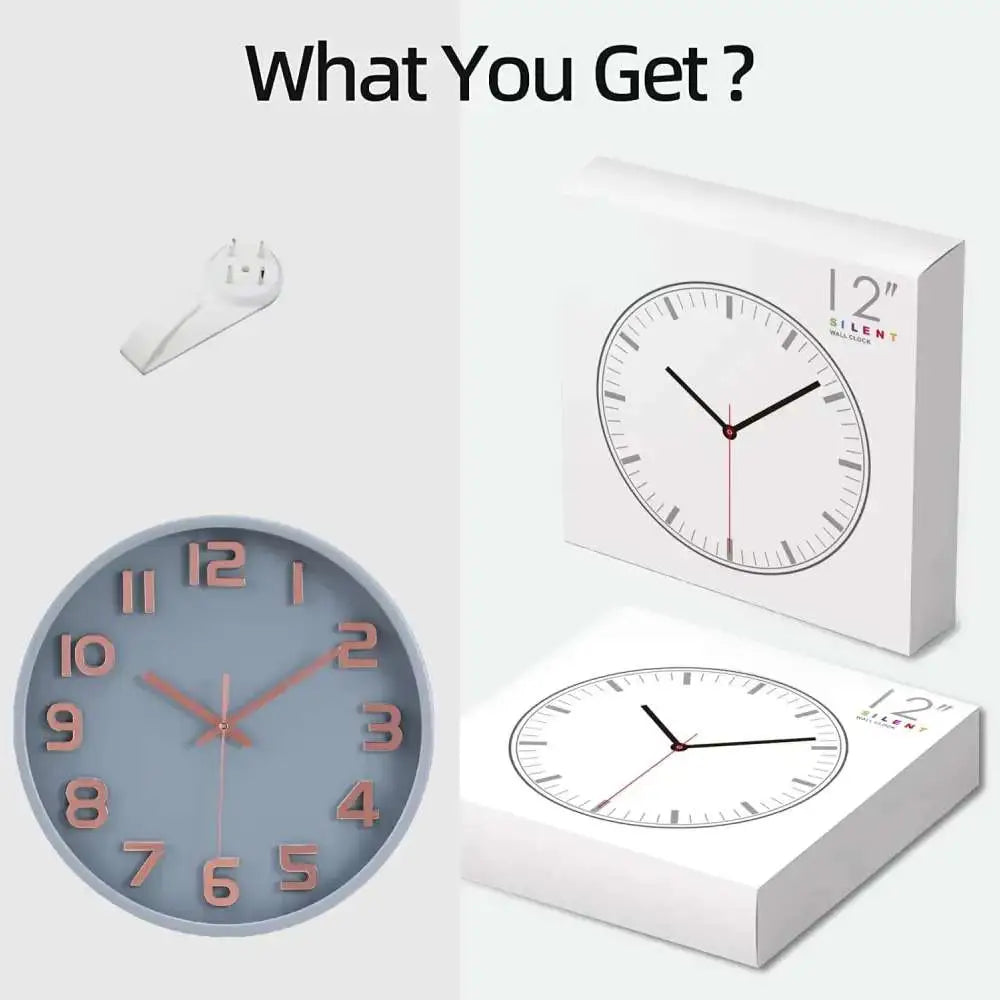 Gray wall clock with rose gold numbers, a stylish silent non-ticking quartz decorative piece