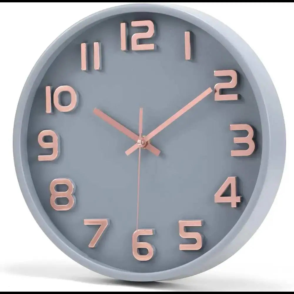 Gray wall clock with rose gold numbers, a stylish silent non-ticking quartz decorative piece