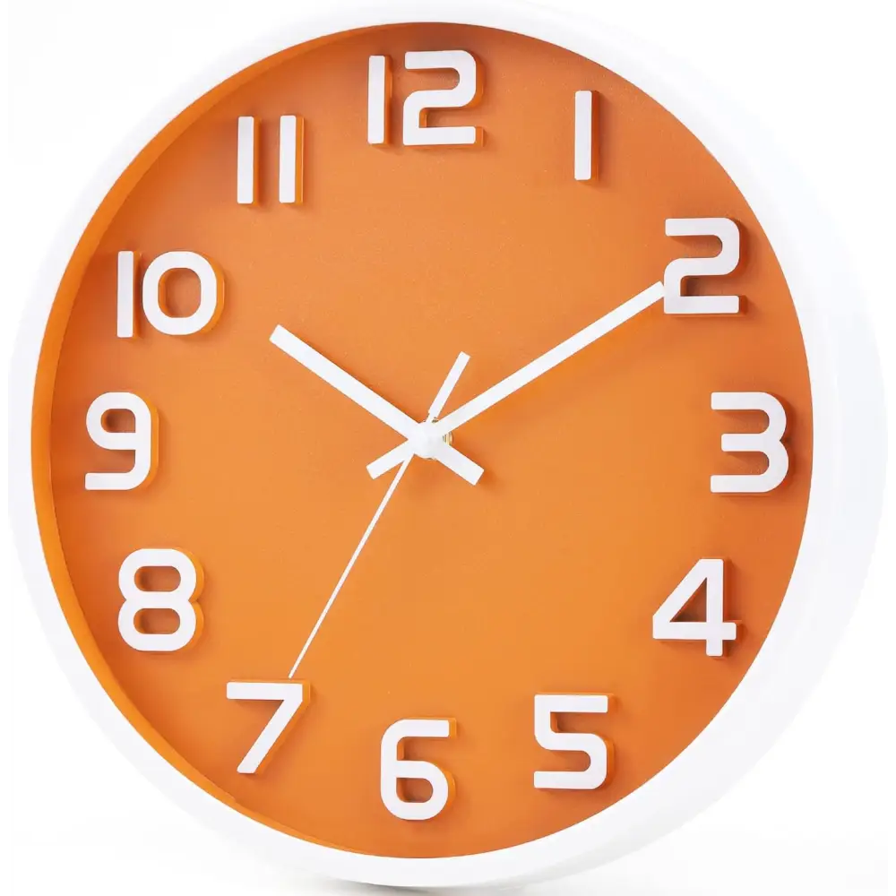 Orange and white decorative wall clock, silent non-ticking quartz for modern home decor