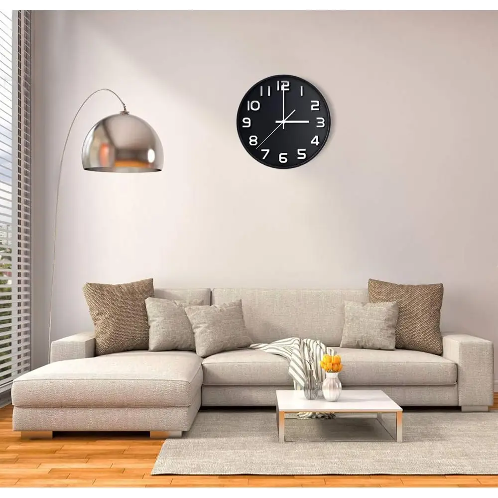 Black round wall clock, silent non-ticking quartz decorative design for home and office use