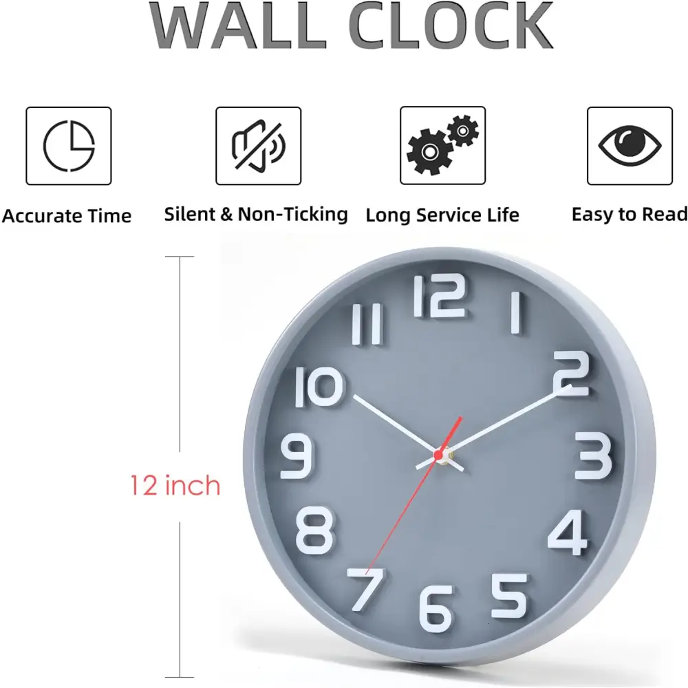 Gray wall clock for modern decor, featuring silent non-ticking quartz and large numbers