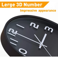 Black decorative wall clock with white 3D numbers, silent non-ticking quartz design