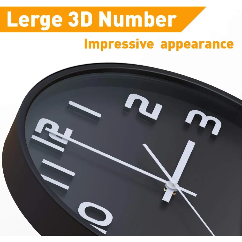 Black decorative wall clock with white 3D numbers, silent non-ticking quartz design