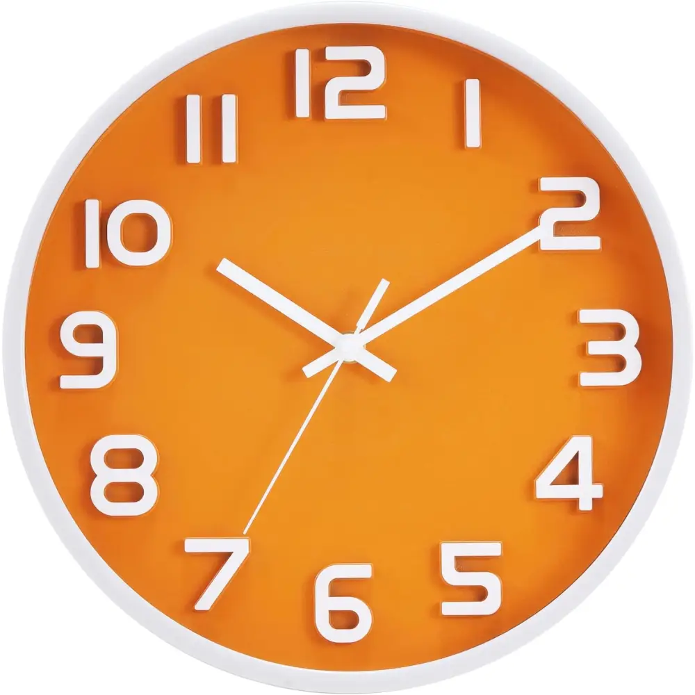 Orange and white silent non-ticking quartz decorative wall clock for home and office