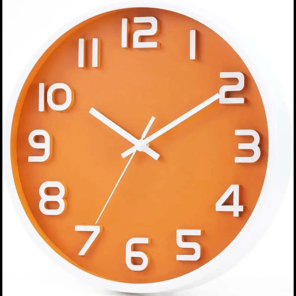 Orange and white decorative wall clock, silent non-ticking quartz for modern home decor