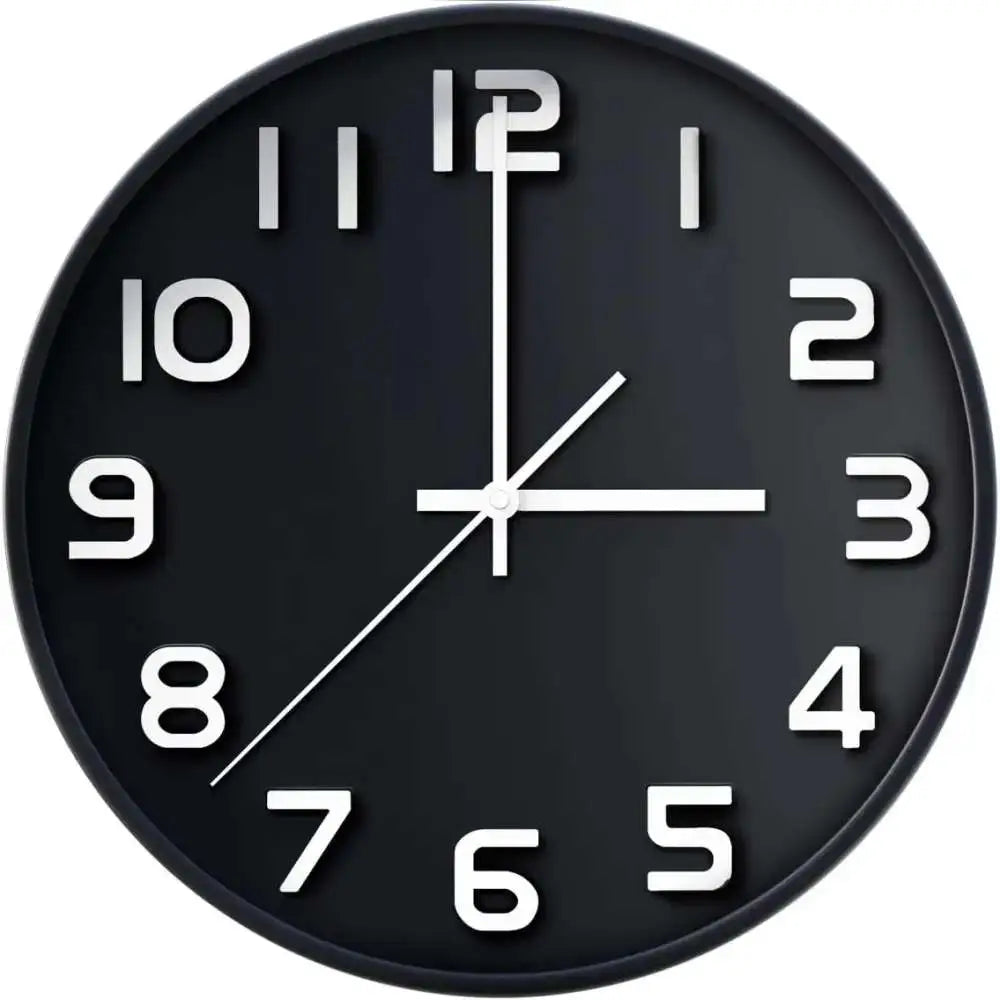 Black wall clock featuring silent non-ticking quartz for modern decorative style
