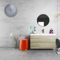 Modern bathroom interior featuring a decorative wall clock with silent non-ticking quartz