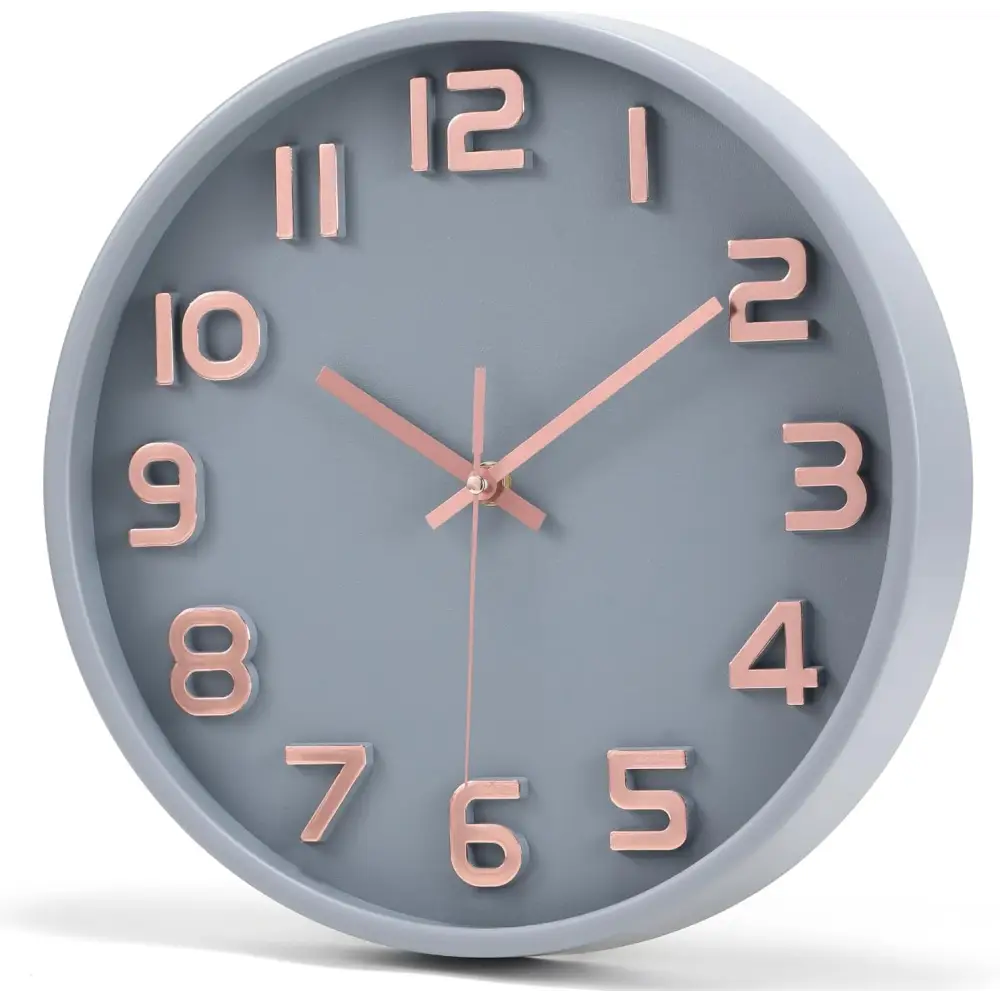 Gray wall clock with rose gold numbers, a stylish silent non-ticking quartz decorative piece