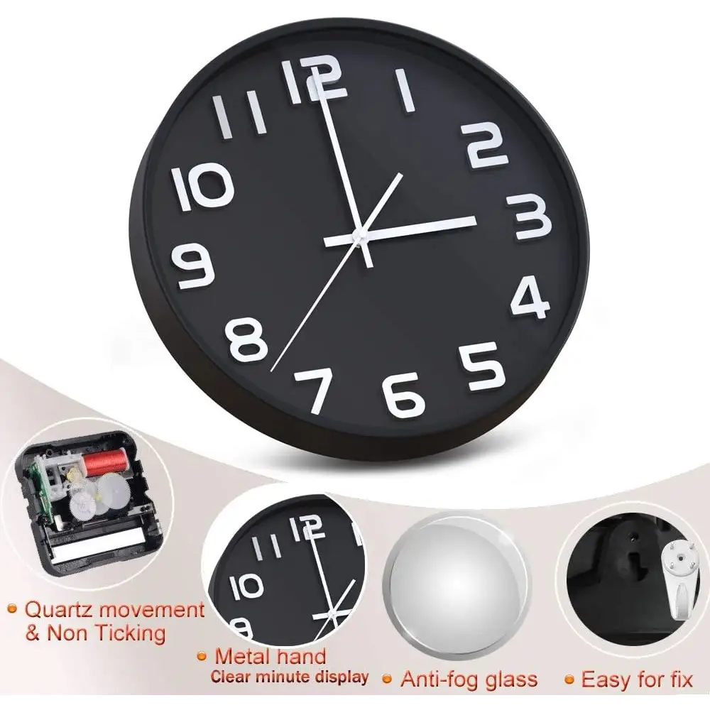 Black wall clock with white numerals, a silent non-ticking quartz decorative style